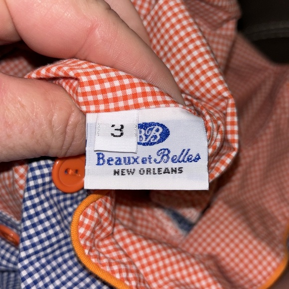 Beaux et Belles navy gingham check one piece with dump trucks on the front smock - Picture 6 of 6